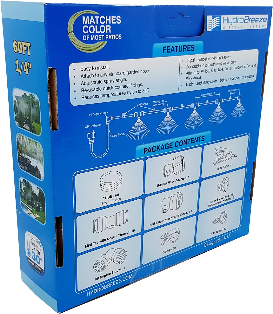 Patio Misting System - 60 Ft Misting System - 16 Misting Nozzles - Brass/Stainless Steel Misting Nozzles