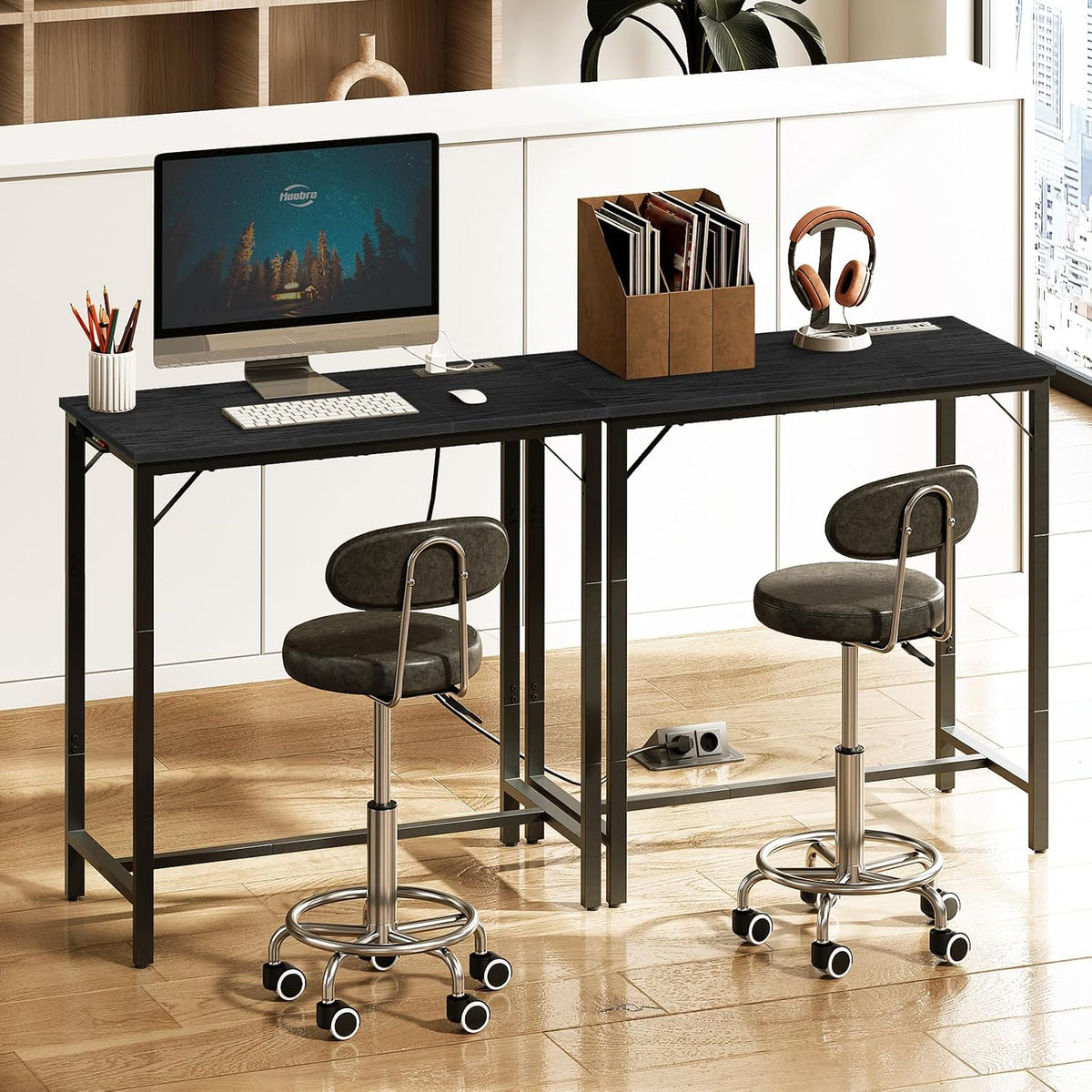HOOBRO Bar Table with Charging Station, Rectangular Pub Table, High Top Coffee Table, Counter Bar Height Table, Narrow Long Dining Table, 35.4" L x 15.7" W x 35.6" H, Black BB90UBT01N1