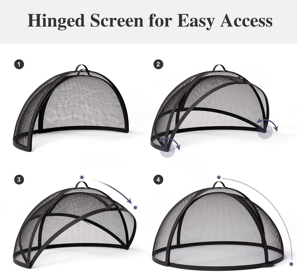 SUNCREAT Outdoor Fire Pit Spark Screen Cover Accessory, Patio Round Easy-Opening Fire Mesh Screen Guard, Heavy Duty Steel Fire Pit Ember Lid with Hinge, 32 Inch
