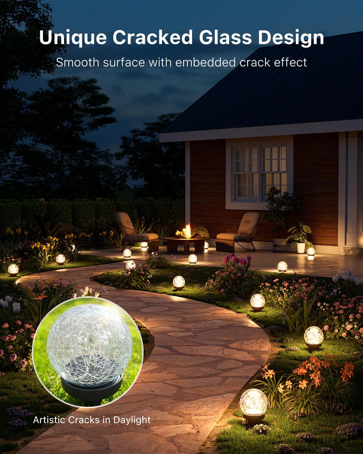 8 Pack 3.94" Warm White Solar Powered Crackle Glass Orb LED Lights