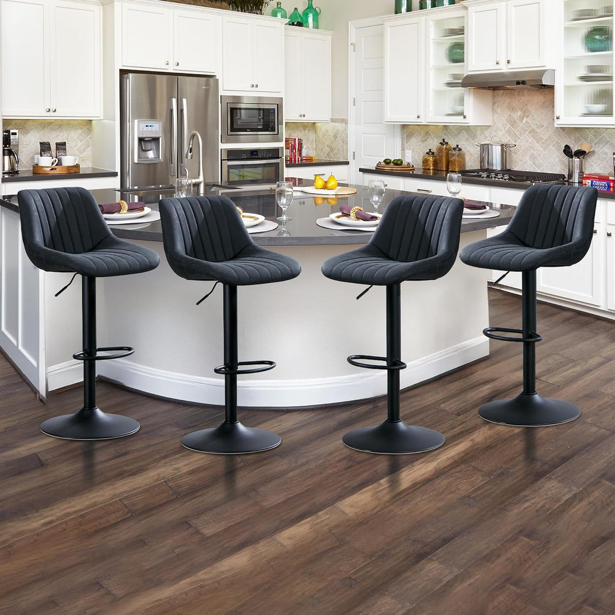 Barstools Set of 2, Faux Leather Swivel Bar Height Stools with Back, Armless Upholstered Counter Height Stools, Modern Adjustable Bar Chairs for Kitchen Island/Cafe/Dining/Restaurant, Black