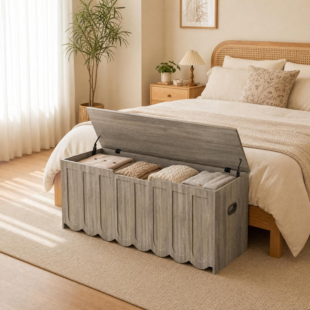 DHZ 47.2 Inch Wooden Storage Bench, Storage Chest with Cushion Seat, 4 Swivel Wheels and 2 Safety Hinges, Entryway Storage Bench for Living Room, Bedroom
