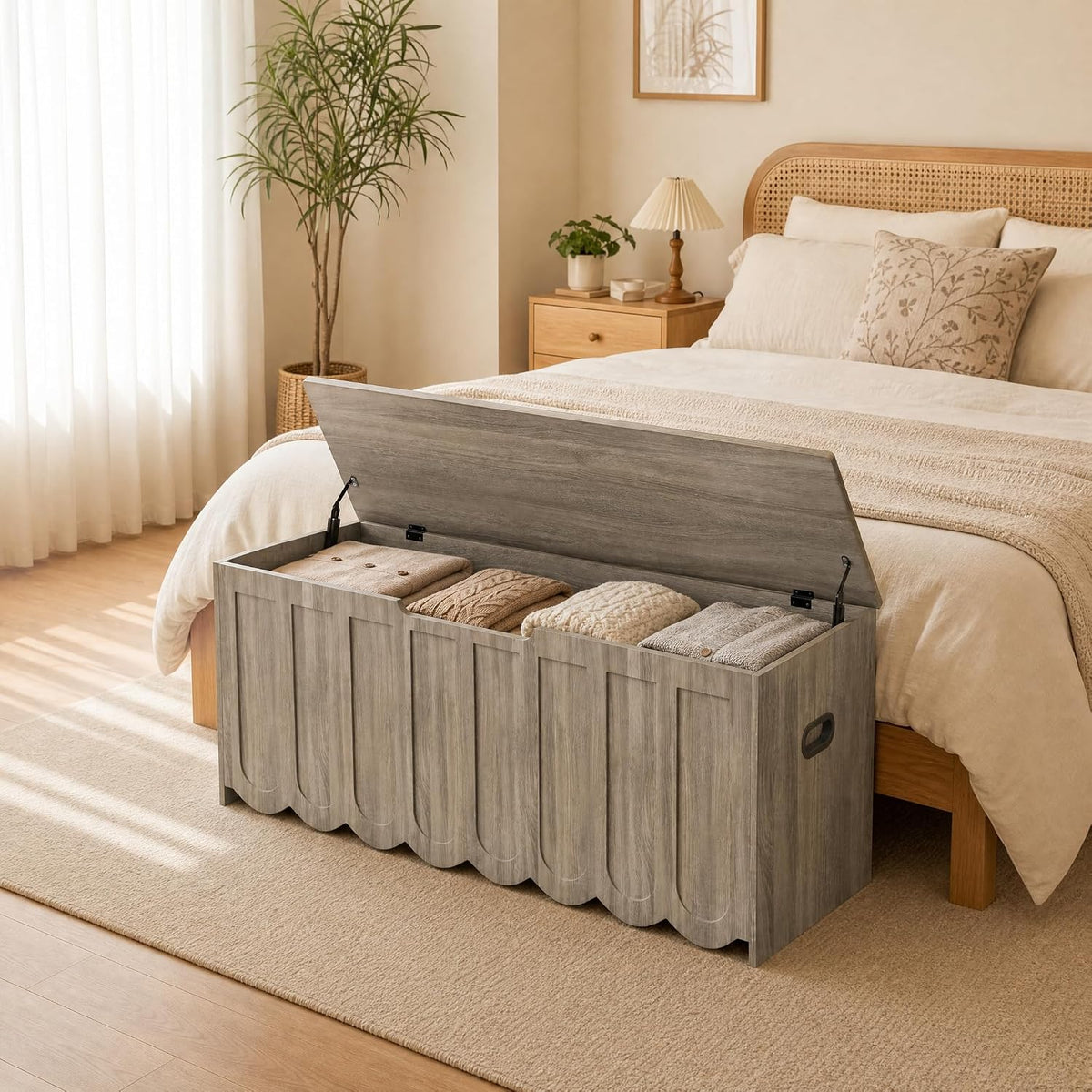 DHZ 47.2 Inch Wooden Storage Bench, Storage Chest with Cushion Seat, 4 Swivel Wheels and 2 Safety Hinges, Entryway Storage Bench for Living Room, Bedroom