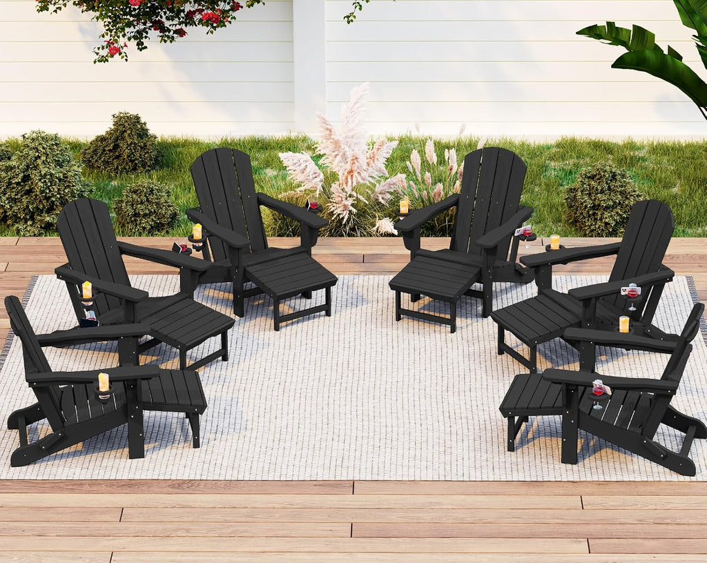 KINGYES 6 Pieces Folding Adirondack Chair with Ottoman & Cup Holders, Black