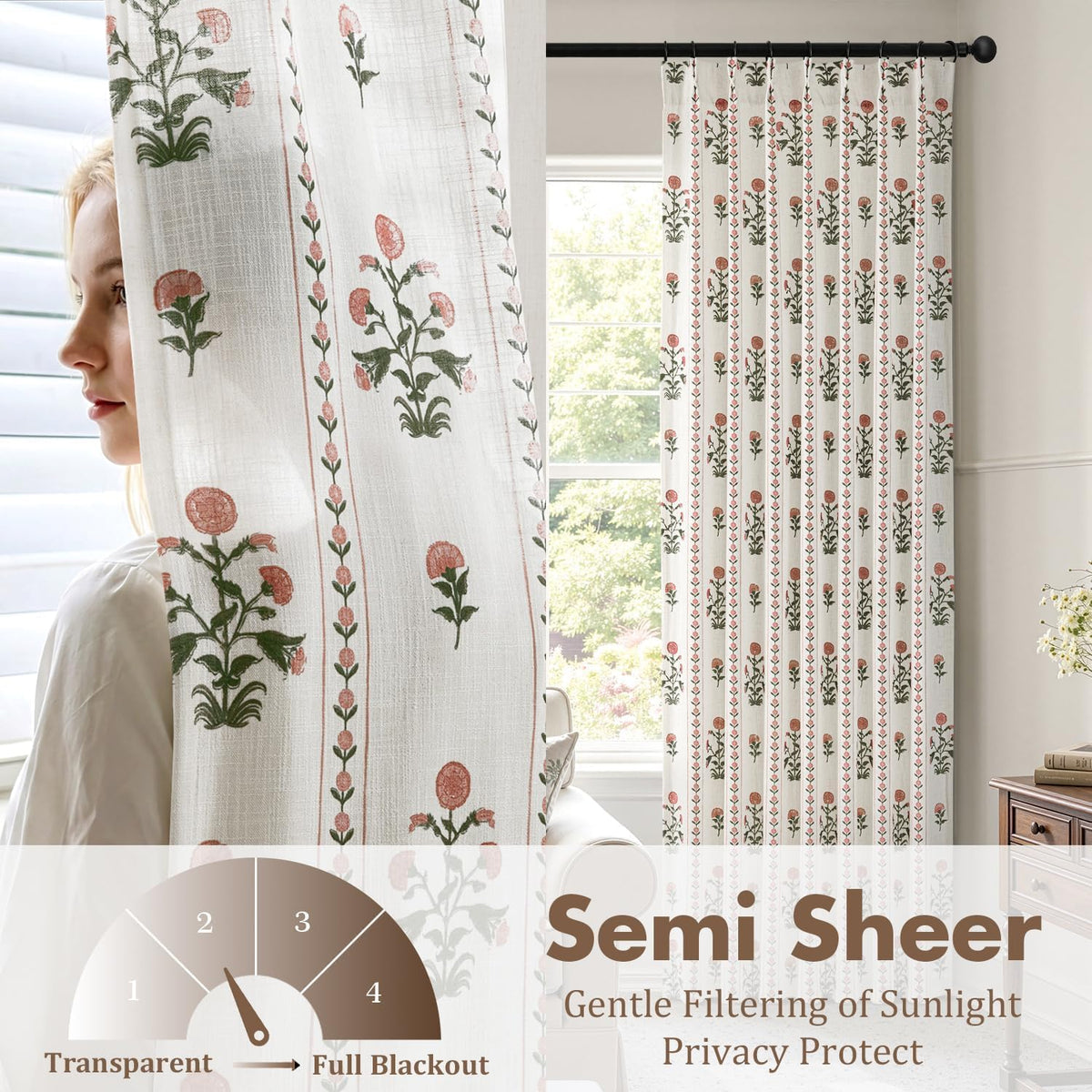 Floral Pinch Pleated Linen Curtains,Pink & White,40" W x 84" L