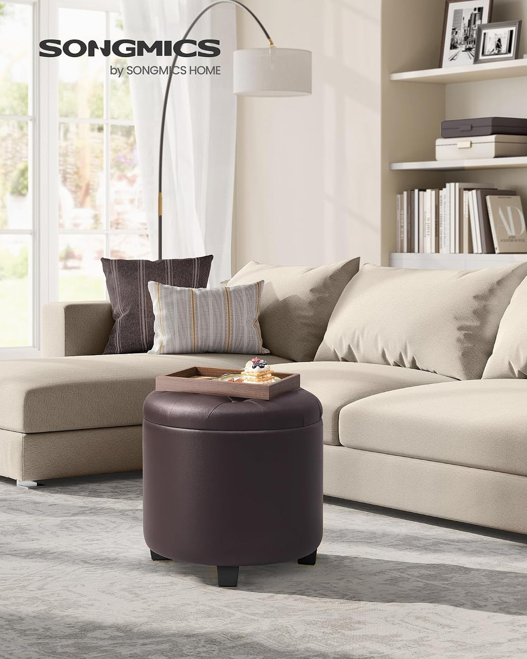 SONGMICS Vanity Stool, Round Ottoman with Storage, PVC Leather