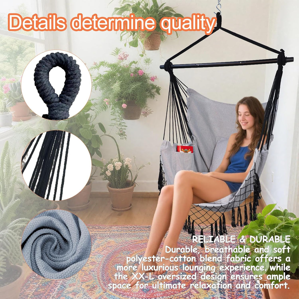 hammock chair hanging rope swing chair,max 450 lbs showing dimensions