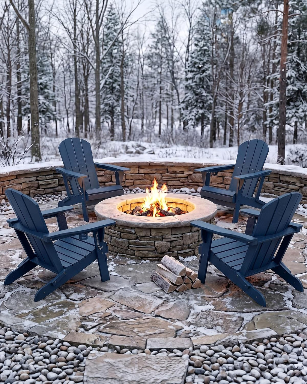 PLUUV Folding Adirondack Chair, HDPE Fire Pit Chairs with Cup Holder, Navy