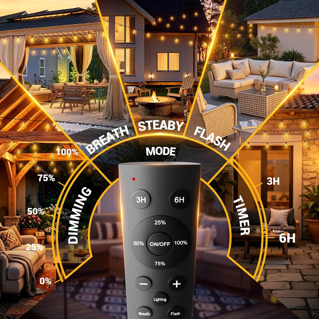 200FT Outdoor String Lights with Remote, Waterproof Patio Lights with 72+2 Shatterproof LED Bulbs,Dimmable Hanging Decor for Backyard Garden Porch Bistro, Timer & 3 Modes,2200K Warm White
