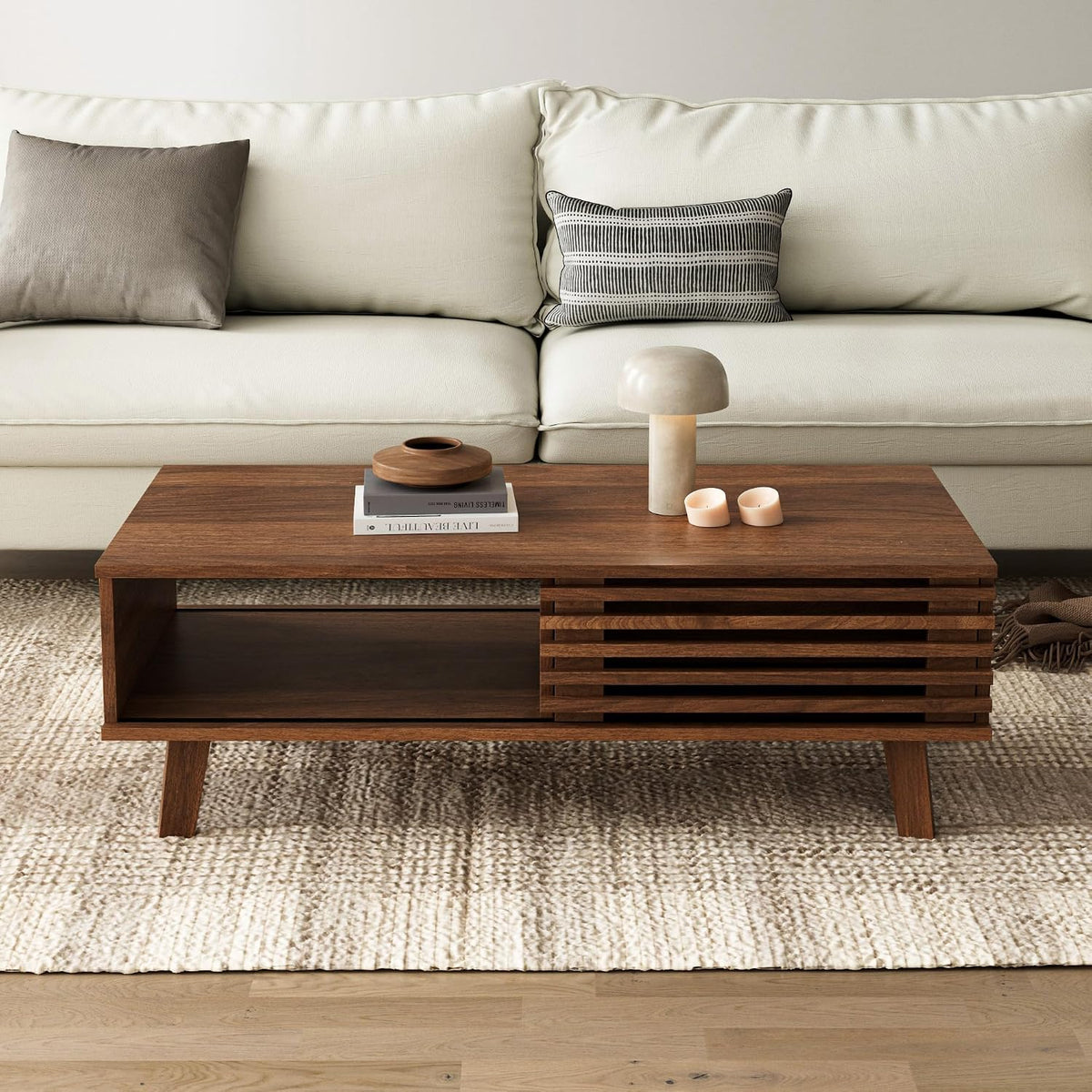Mid Century Modern Coffee Table, Wood Coffee Table with Storage, Walnut