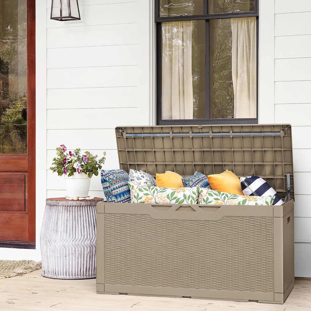 Flamaker Deck Box 98 Gallon Waterproof Resin Storage Box with Cushion