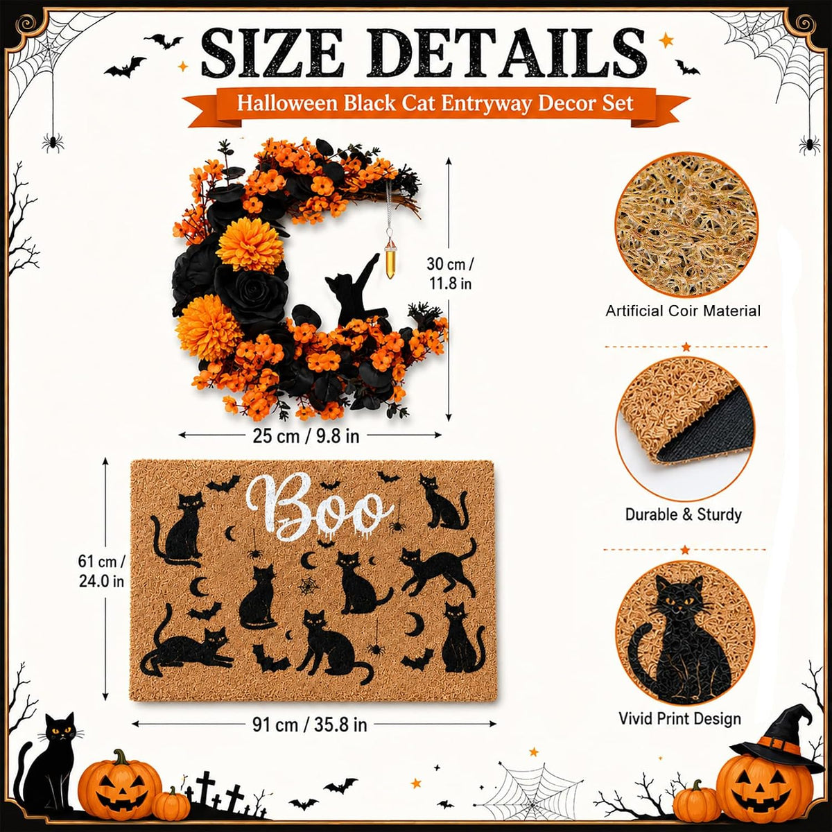 Thiccywoov 2 Pcs Halloween Black Cat Doormat and Wreath Sets for Front Door