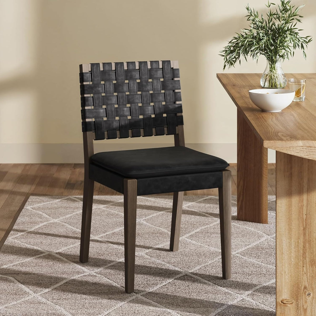 Nathan James Cohen 19 in. Wood Dining Chair, Mid-Century Modern Upholstered Side Chair with Hand Woven Faux Suede Backrest, Black