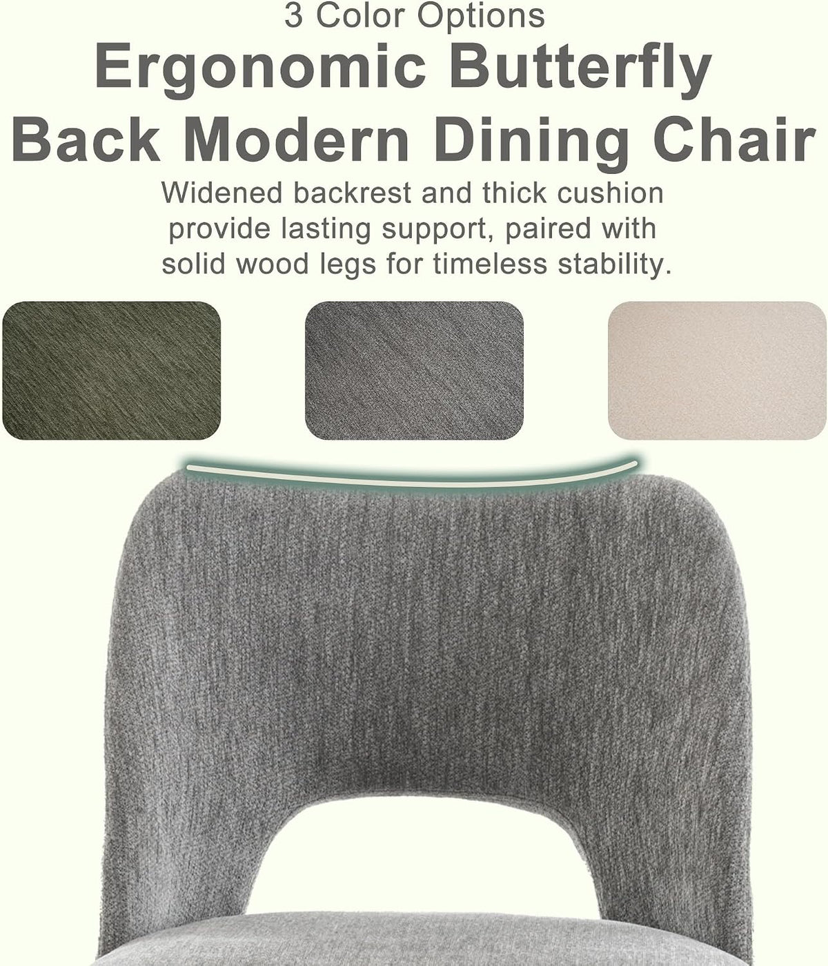 Modern Dining Chairs Set of 2, Upholstered Fabric Kitchen Chairs with Butterfly Hollow Back, Solid Wood Legs, Easy Assembly, Farmhouse Style for Kitchen & Dining Room, Gray