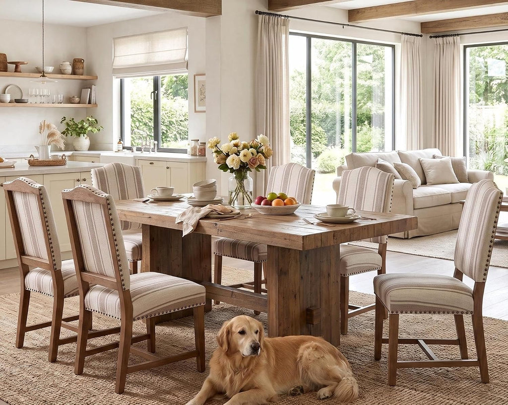 ROCITY Linen Dining Chairs Set of 6 Upholstered Farmhouse Dining Room Chairs Kitchen Side Chairs with Wooden Legs&Nailhead Trim, Beige with Stripe
