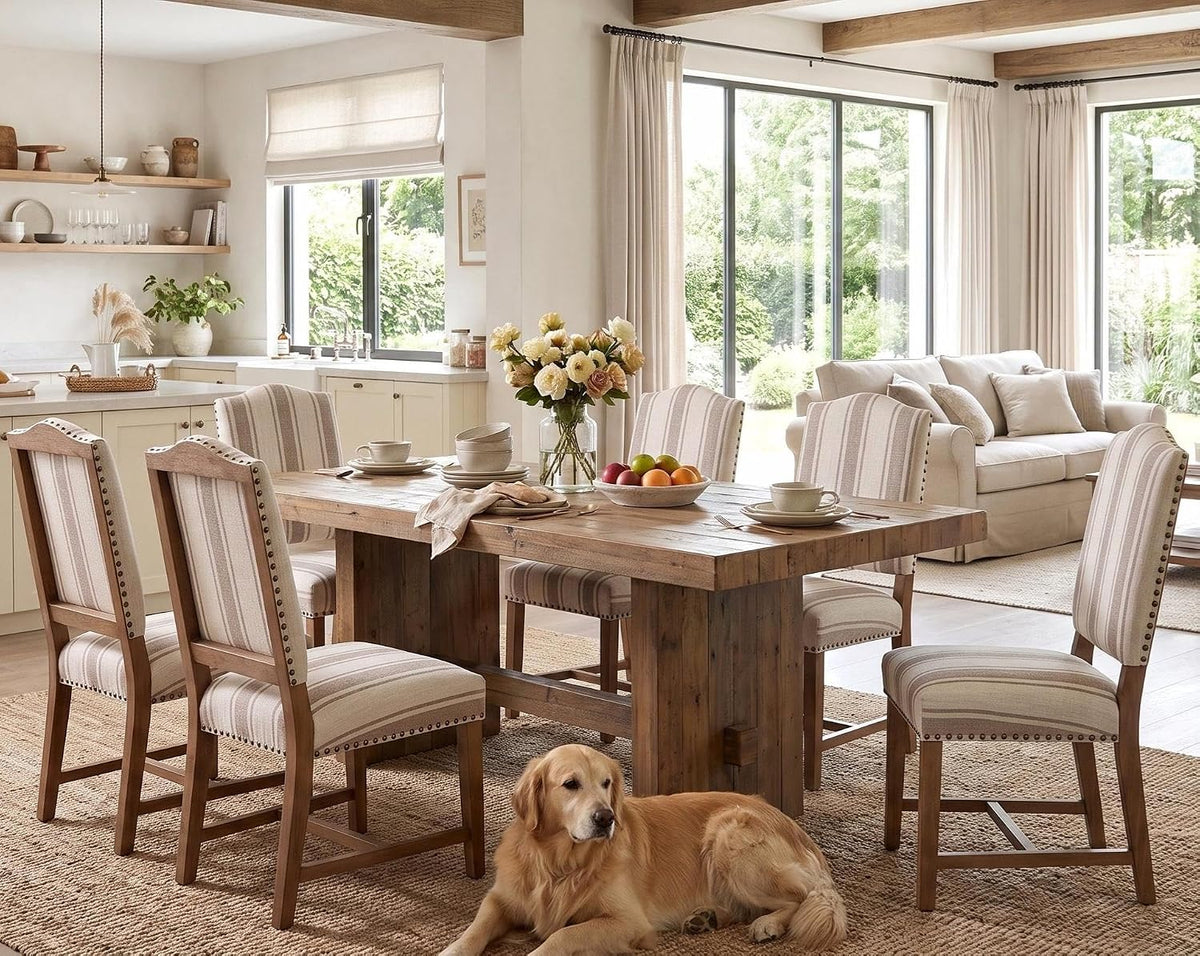 ROCITY Linen Dining Chairs Set of 6 Upholstered Farmhouse Dining Room Chairs Kitchen Side Chairs with Wooden Legs&Nailhead Trim, Beige with Stripe