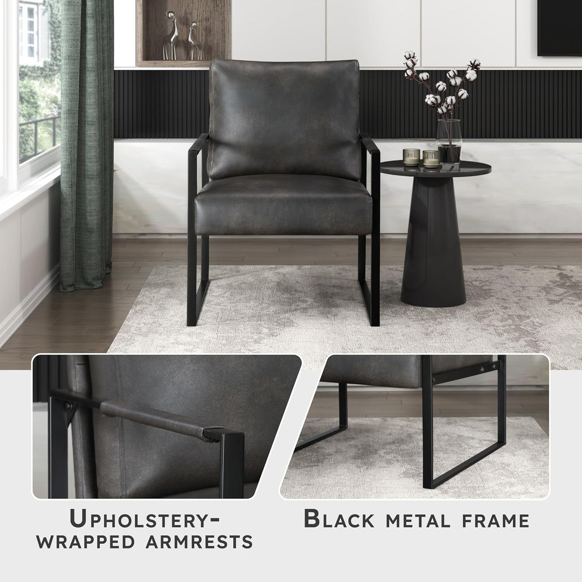 Lexicon Modern Faux Leather Accent Chair, Metal Frame, Dark Brown