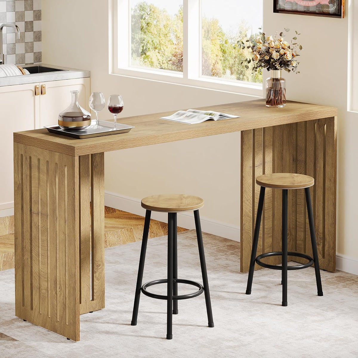 Tribesigns 63-Inch Bar Table with Louvered Base, Natural