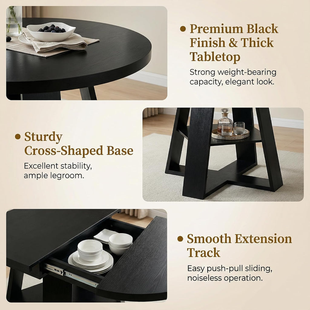 Round Extendable Dining Table Set for 6, 43"-59" Black Expandable Kitchen Table with 6 Grey Velvet Tufted Chairs, Farmhouse Wooden Extendable Dining Room Table Set for Small Space Apartment