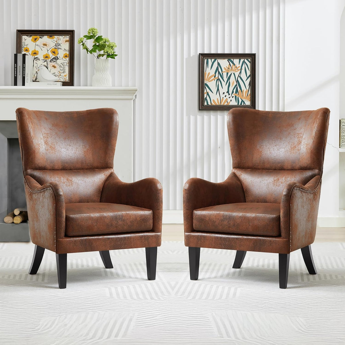 Mid-Century Modern Wingback Chairs Set of 2, Accent Club Chair with Nailhead Trim, 2 Piece Faux Leather Armchair Sofa for Living Room Single Sofa Armchair Office