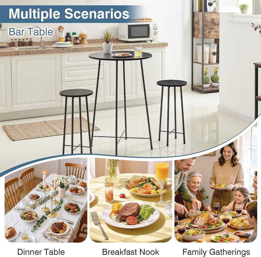 VECELO 3 Piece Pub Table and Chairs Sets Counter Height Bistro Bar Sets with 2 Barstools for Kitchen Breakfast Nook, Small Space, Apartment, Breakfast Dinner Restaurant, Black