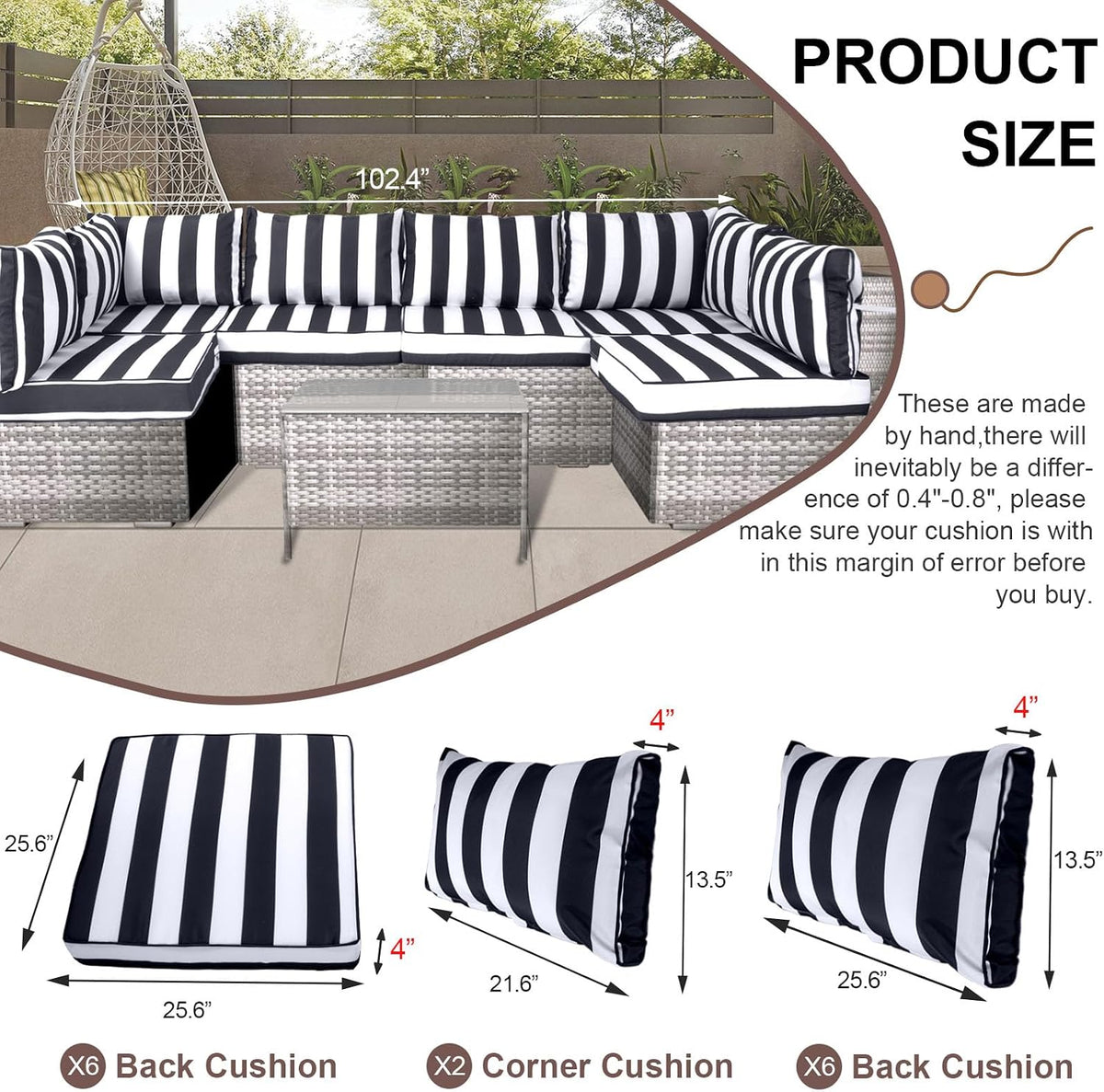 14 Piece Outdoor Furniture Replacement Cushions, Cover+Filling, 25.6" x 25.6" x 4" Foam Waterproof Outdoor Sofa Cushion Sets, Fit Wicker Rattan Sectional Conversation Set, Grey Black Stripes