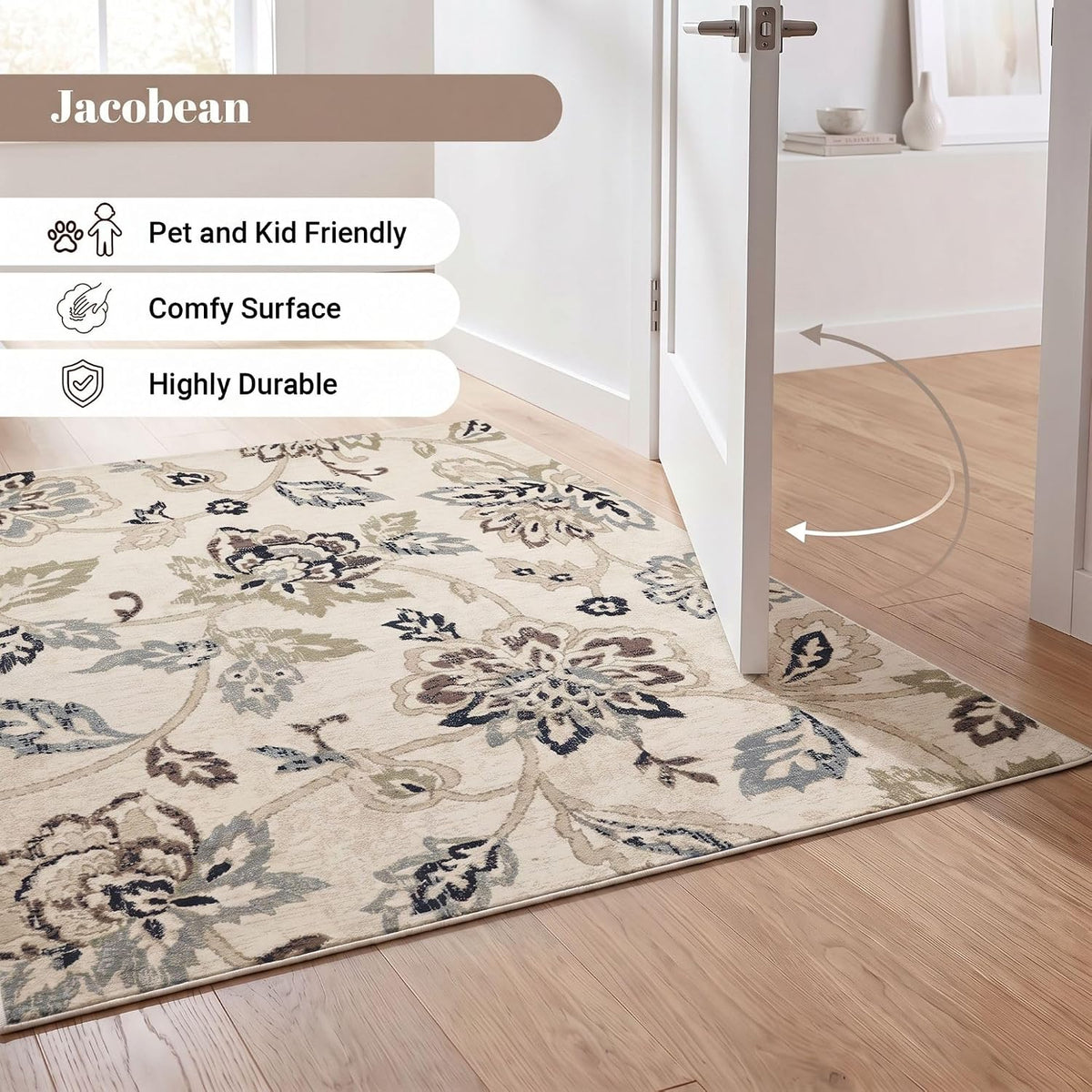 superior indoor large area rug, modern floral decor, front angle view