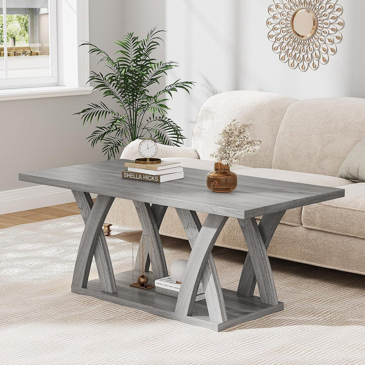 47" Farmhouse Coffee Table with Storage Shelf, Grey