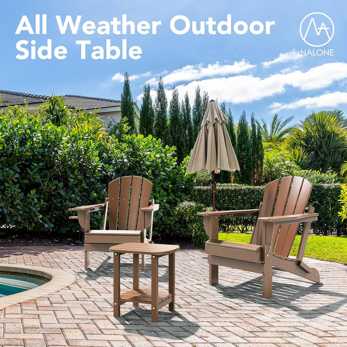 nalone Adirondack Side Table 16.5" Outdoor Side Table HDPE Plastic Double Adirondack End Table Small Table for Patio(Wood)