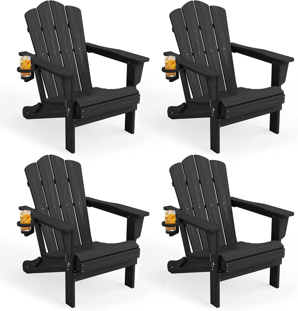 KINGYES Folding Adirondack Chair, All-Weather HDPE Material, Black, 8 Pack (4 Pack)