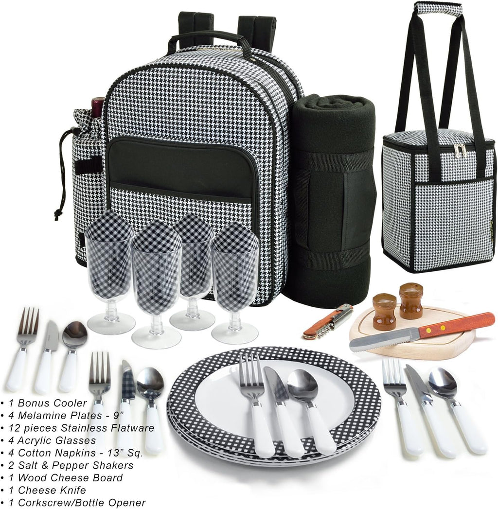 Picnic at Ascot Original Equipped Backpack for 4 with Blanket - Extra Bonus Cooler - Designed & Assembled in California - Houndstooth