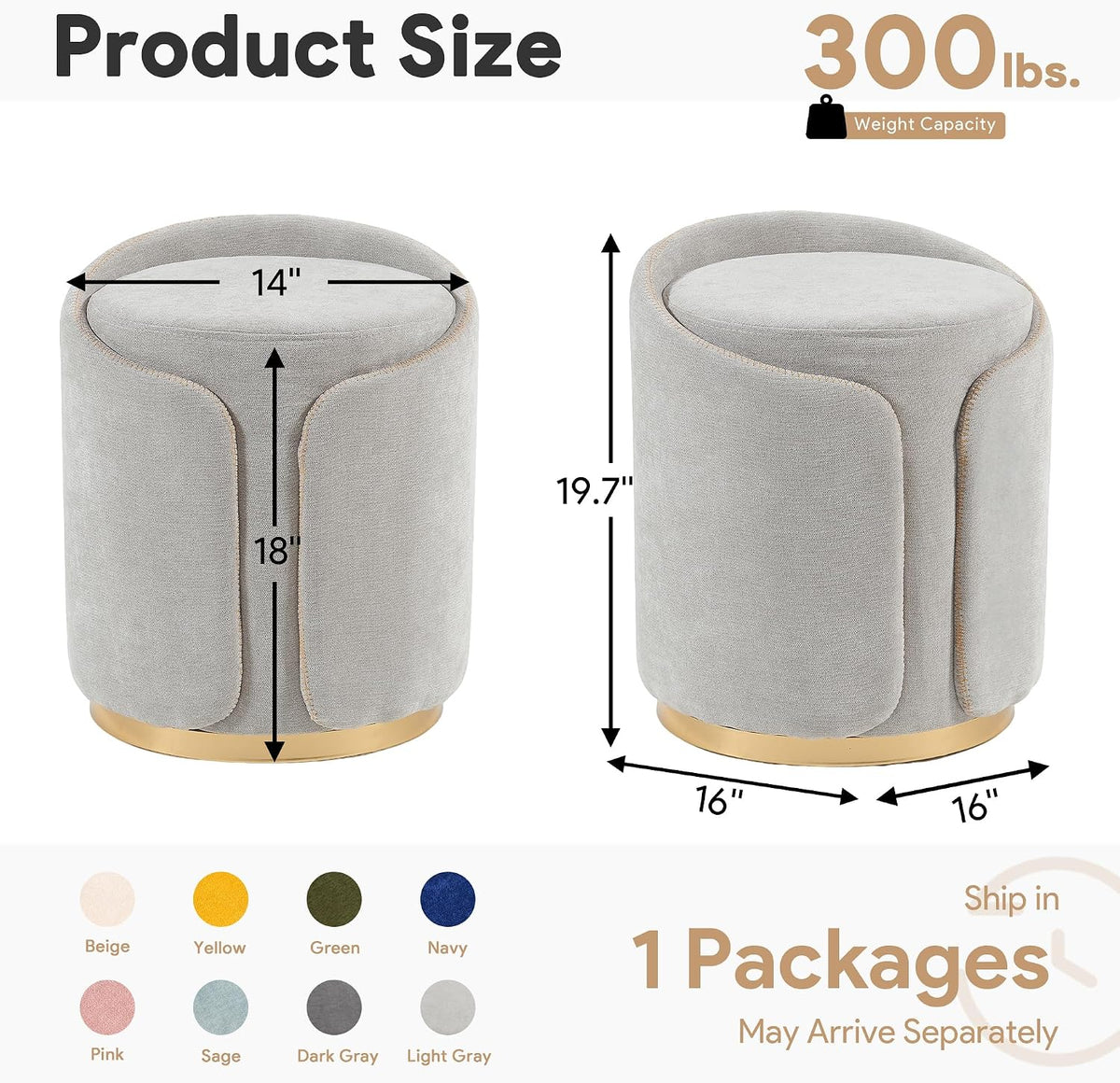 Swivel Vanity Stool with Gold Base Comfy Vanity Chair Modern Round Stool for Makeup Vanity Ottoman Foot Rest for Bedroom livingroom (Light Gray)