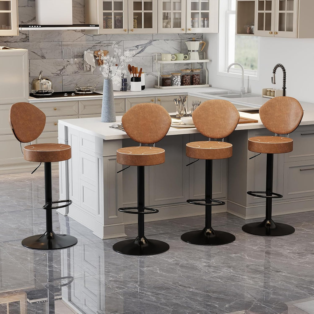 Swivel Bar Stools Set 1, Adjustable Height Suede-Like Leather Brown
