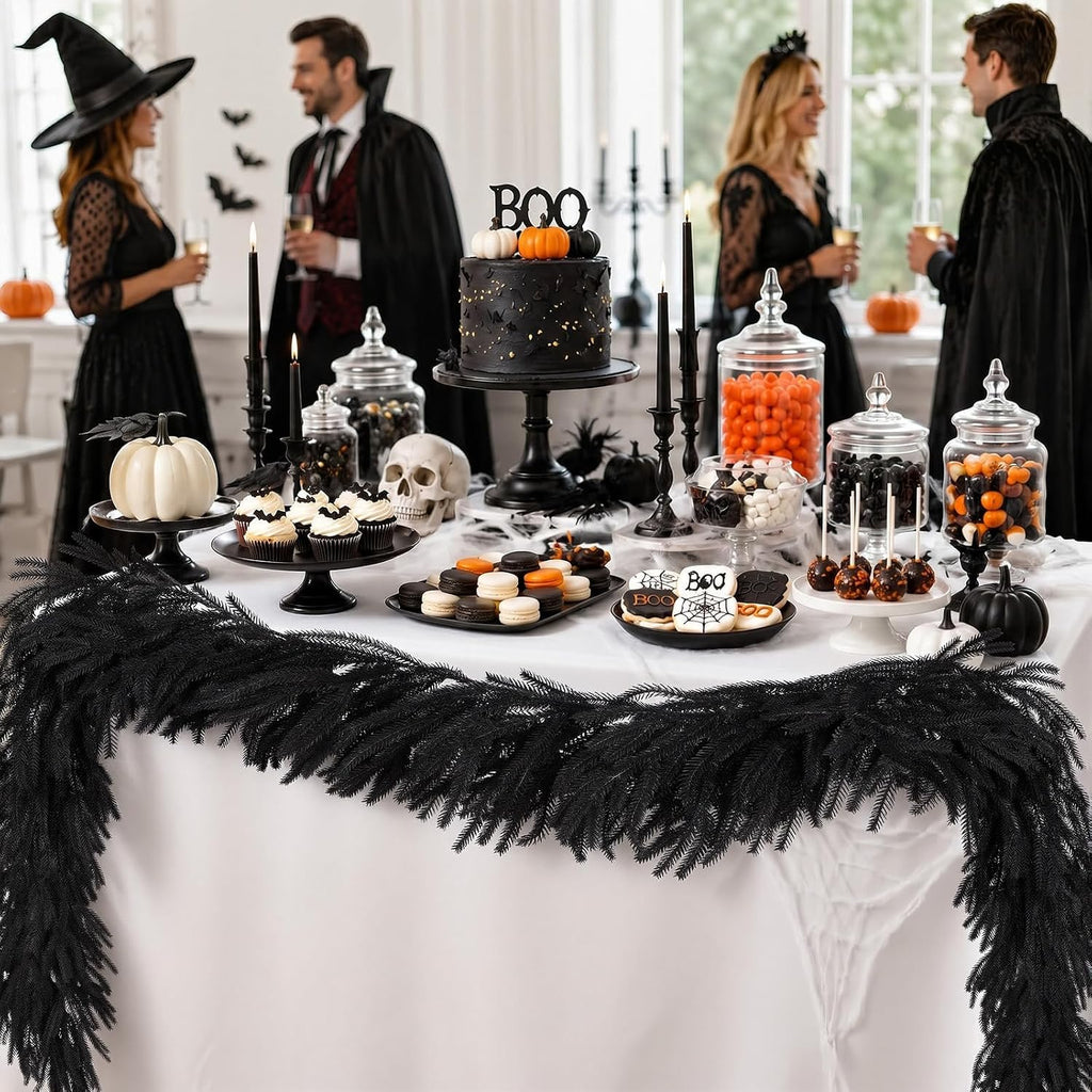 N&T NIETING 9FT Black Garland Artificial Norfolk Pine Garland Real Touch Halloween Garlands Faux Garland for Table Mantle Holiday Fireplace Indoor Outdoor Christmas Gothic Stairs Decorations