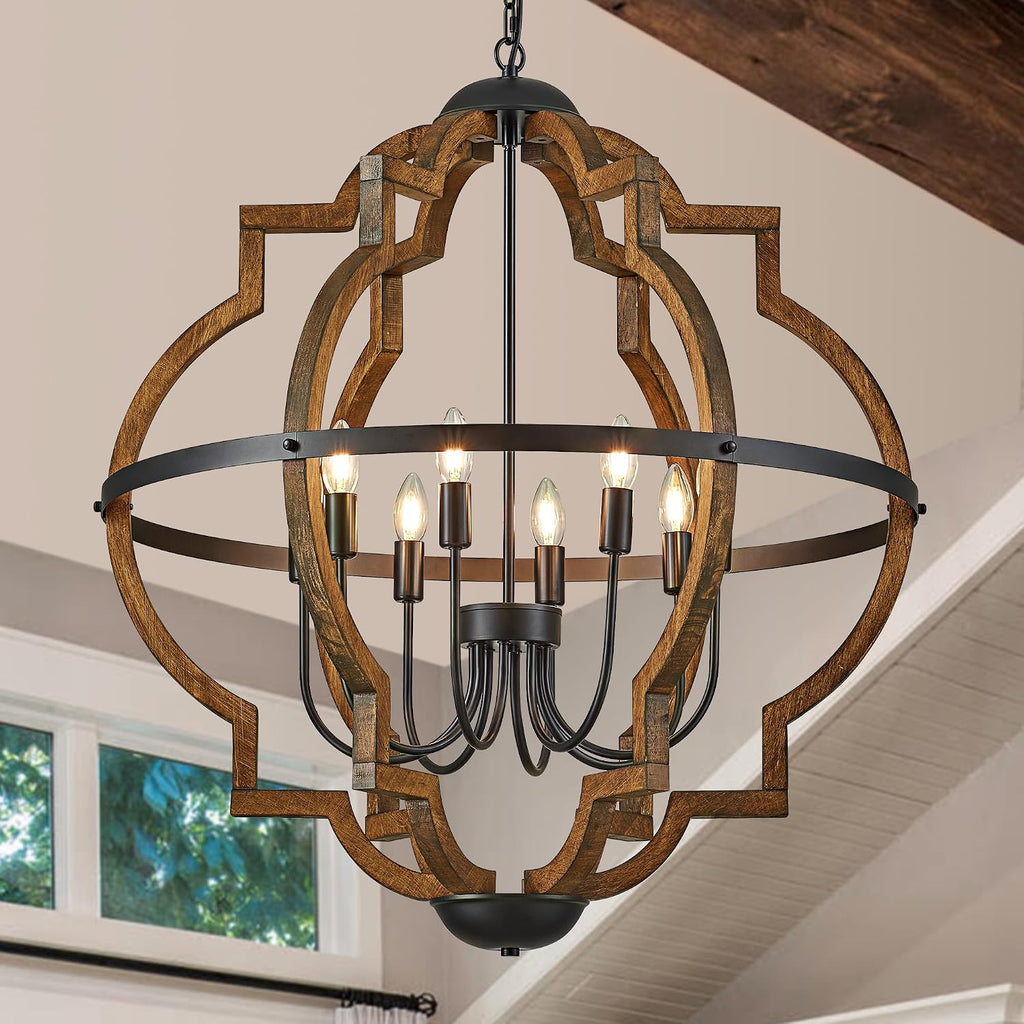 31.96" 8 Light Brown Oak Wood Drum Pendant Light for Dining Room