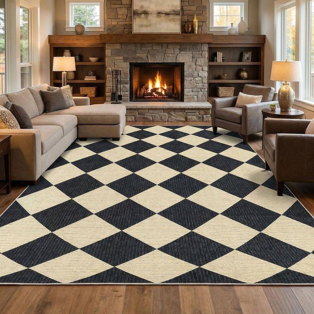 GarveeHome Area Rugs 8x10 for Living Room Black Checkered Washable Rug
