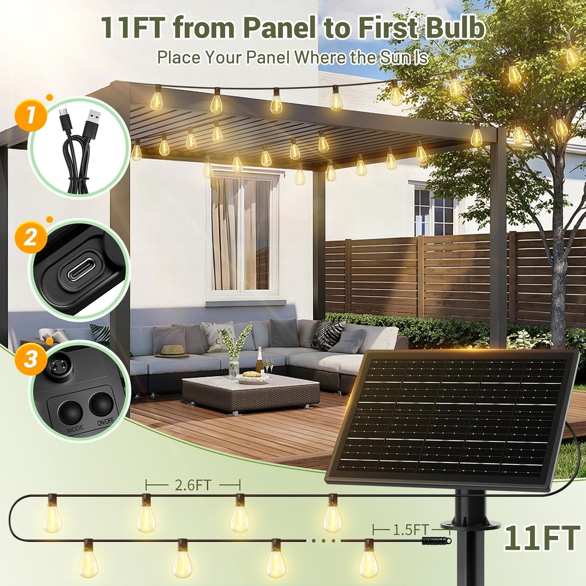 200FT Solar String Lights Outdoor Waterproof 72+2 LED Bulbs, Solar Powered with Remote & USB Port, 3 Light Modes Dimmable Patio Lights for Large Backyard, Garden, Party