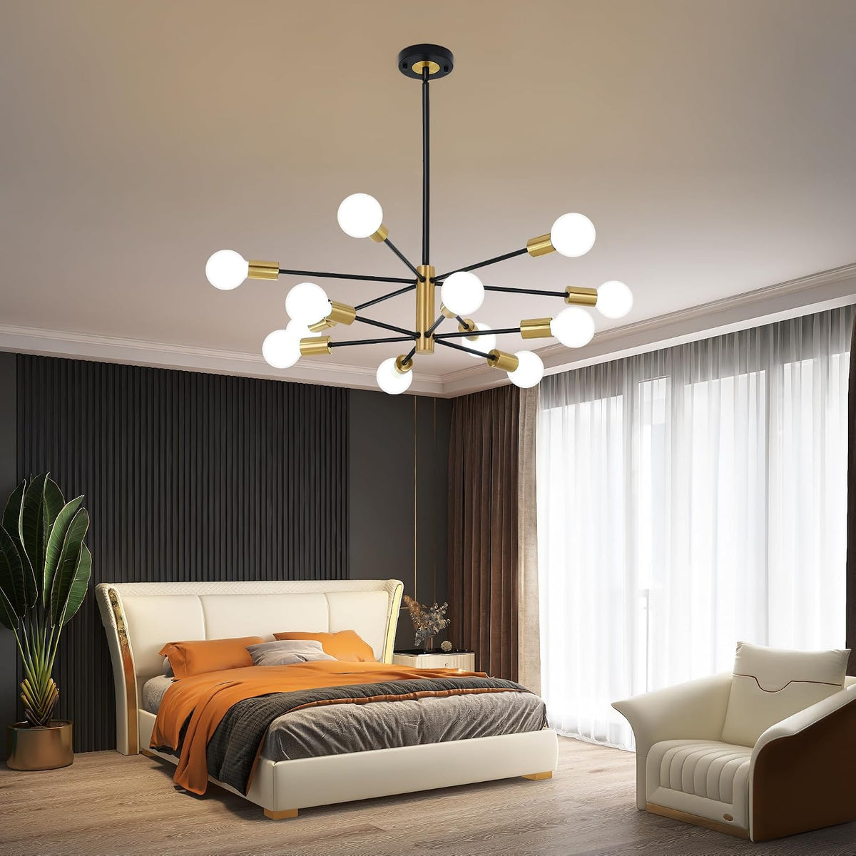 12-Light Modern Sputnik Chandelier, Mid Century Black Gold Ceiling Chandeliers, E26 Base,Branch Height Adjustable Pendant Lighting Fixture for Kitchen Island Dining Room Living Room Bedroom