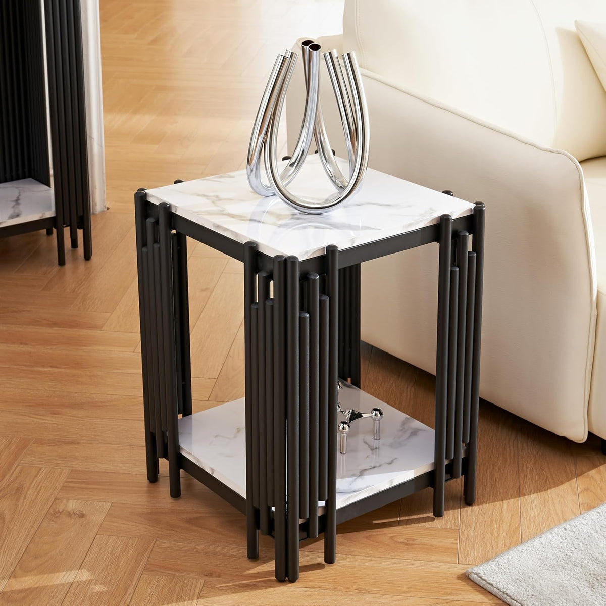 Elegant Marble Coffee Table Set of 4 White Faux Marble Coffee Table Console Table 2 End Table Set with Black Metal Frame 4 Piece Living Room Table Set for Apartment Home Office