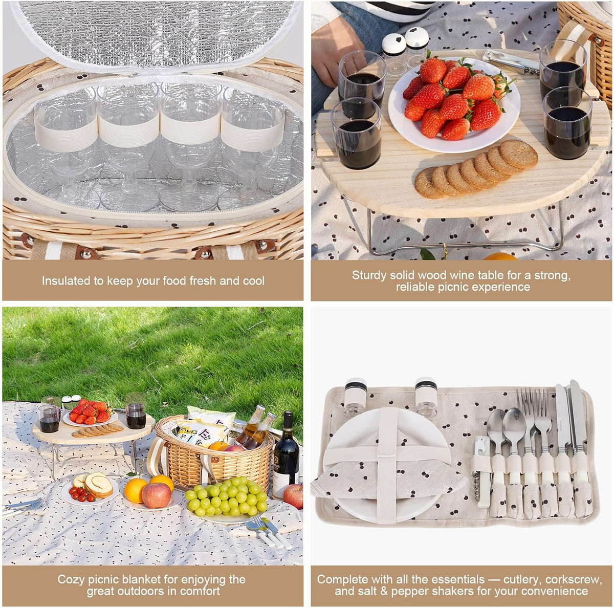 Picnic Basket Set for 4 - Wicker Insulated Picnic Basket