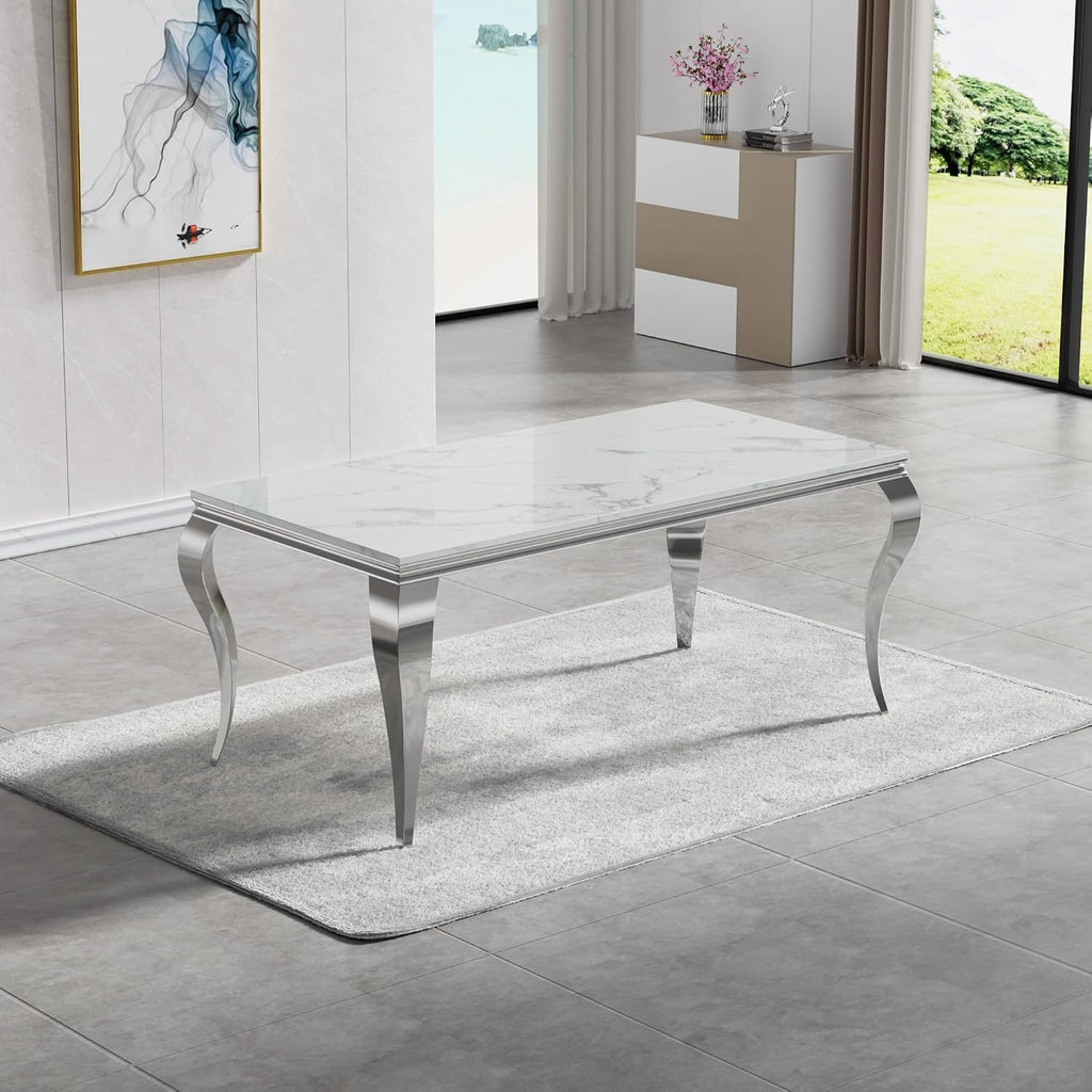 Henf 7 Piece Marble Dining Table Set for 6, 68" Modern Kitchen Dining Room Table and Black Chairs Set for 6, White Silver Dinner Table Set for 6 with Mirrored Stainless Steel Legs for Dining Kitchen
