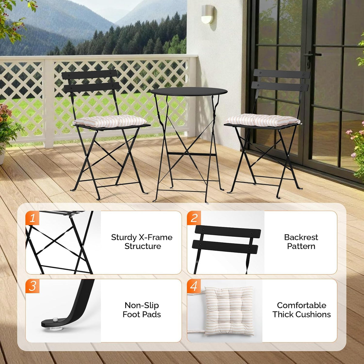 VINGLI Outdoor Folding Bistro Table and Chairs Set of 2, 3-Piece Bistro Set with Premium Steel Frame and Comfortable Cushions for Patio, Balcony, Garden, Porch, Yard, Black