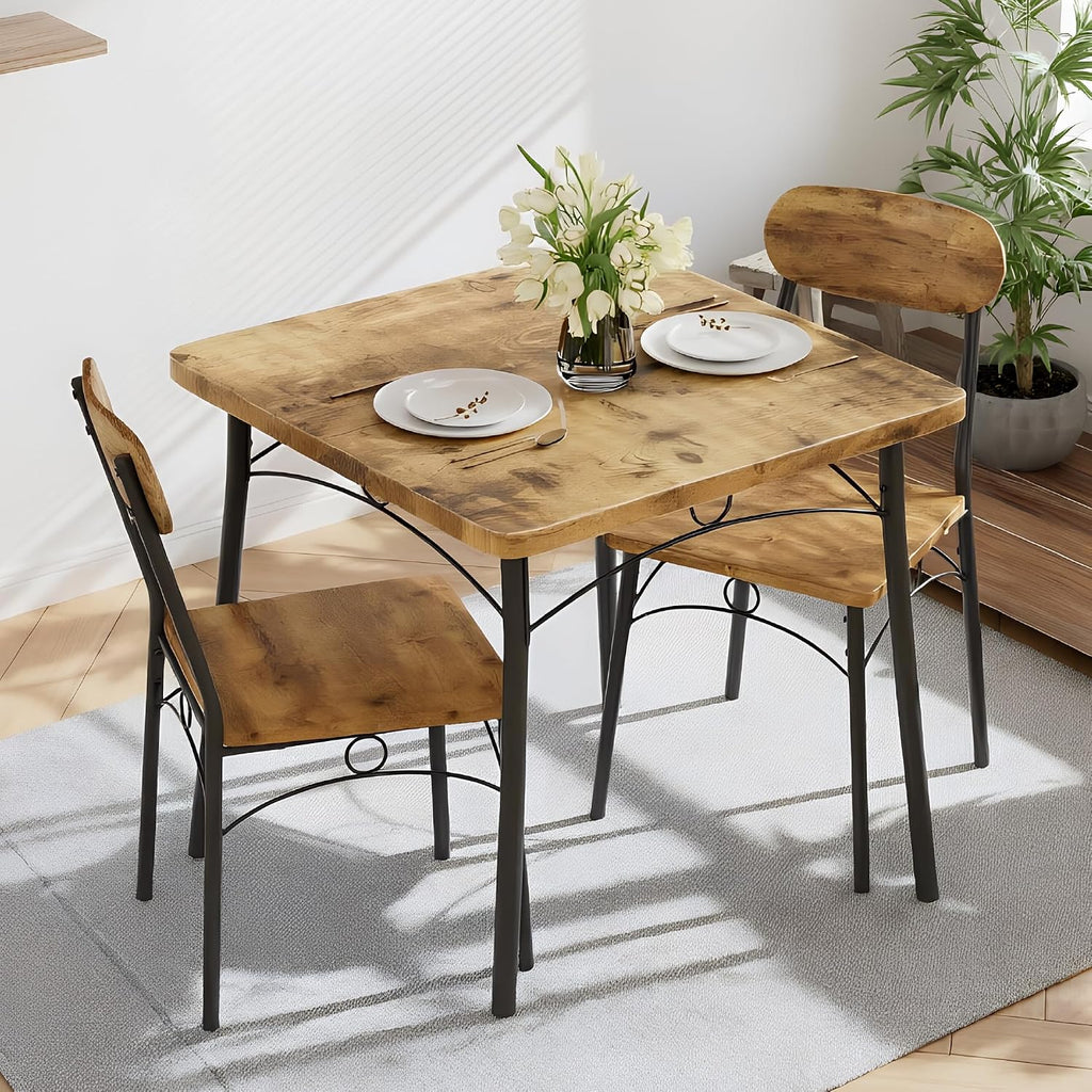 VECELO 3 Piece Small Dining Table Set for 2, Metal and Wood Square Kitchen Dinette for Breakfast Nook, Dining Room, Apartment, Saving Space, Rustic Brown