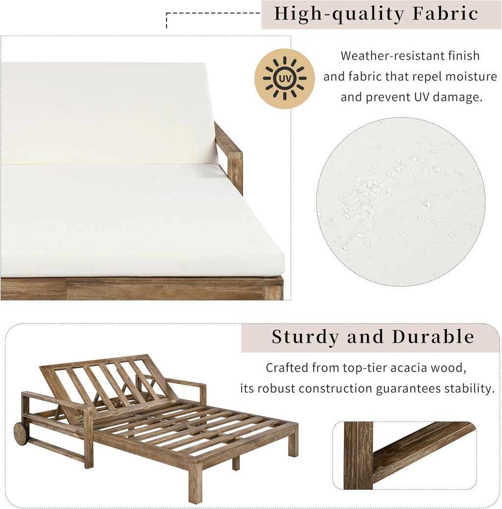 Farmhouse-Style Acacia Wood Outdoor Daybed for 2,Weather-Resistant Patio Lounger with 4-Position Adjustable Backrest & Wheels,High-Resilience Foam Cushions,for Poolside, Garden(Beige)