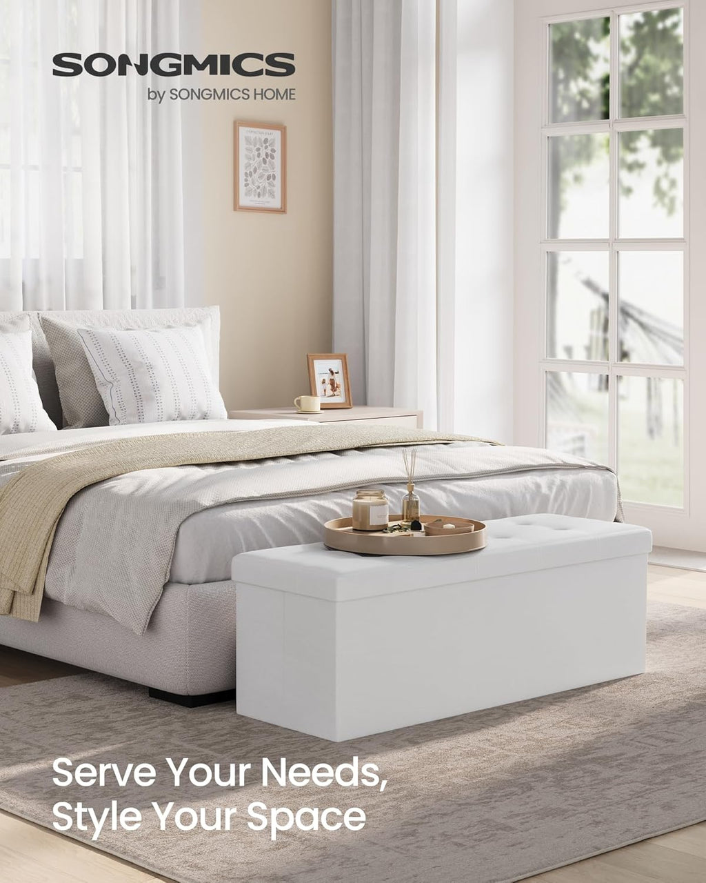 songmics storage ottoman bench, 43.3 inches folding foot shown in use