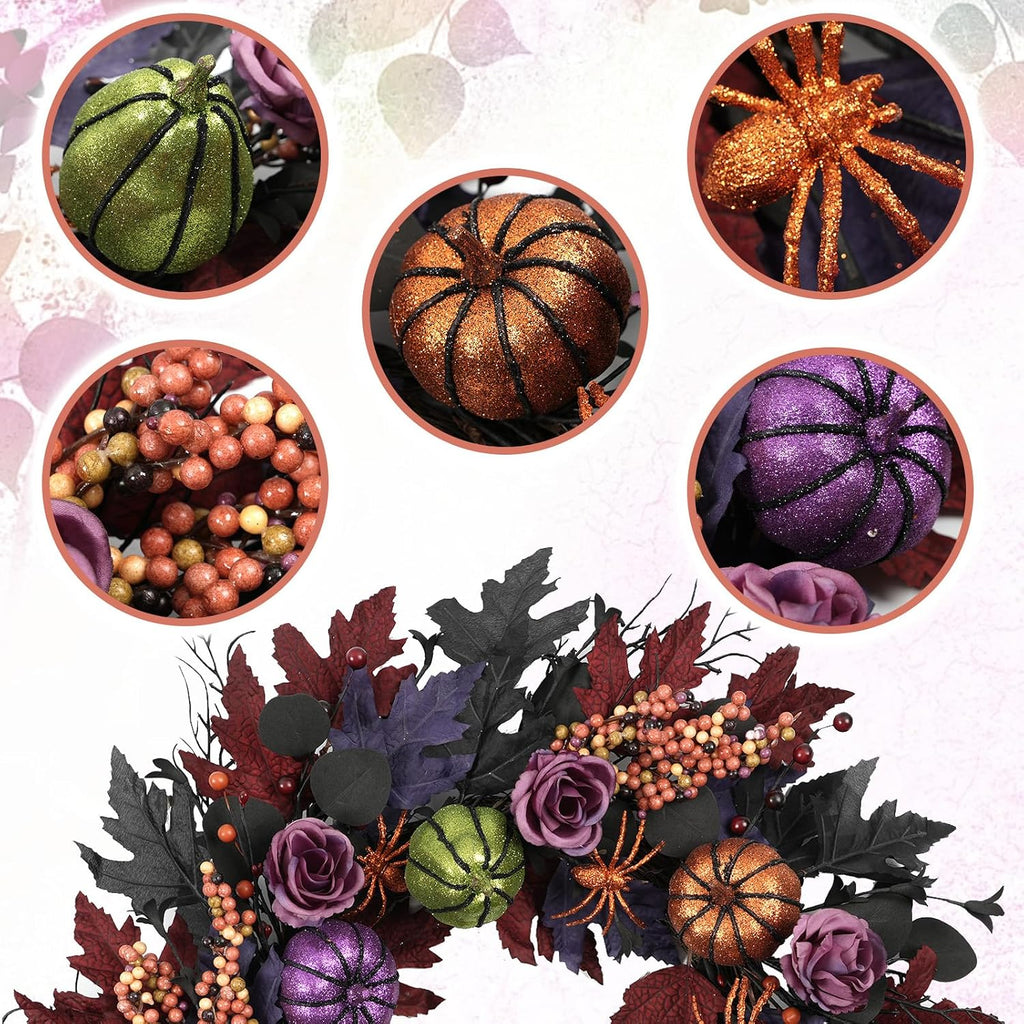 22" Halloween Wreath, Pumpkins Spiders Wreath for Front Door