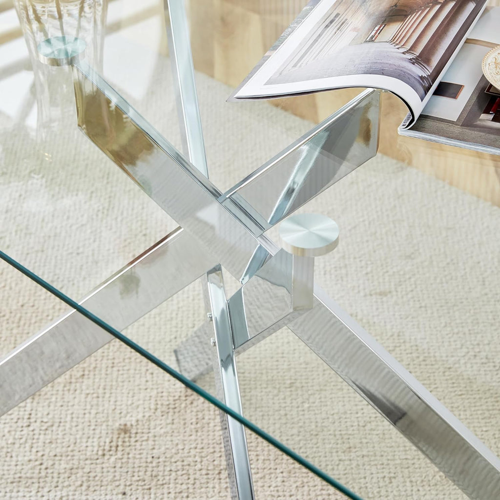 SSLine Modern 5-Piece Silver Glass Dining Table Set for 4, 51" Long Rectangle Glass Kitchen Table with 4 Grey Tufted Chairs for Kitchen Home Office