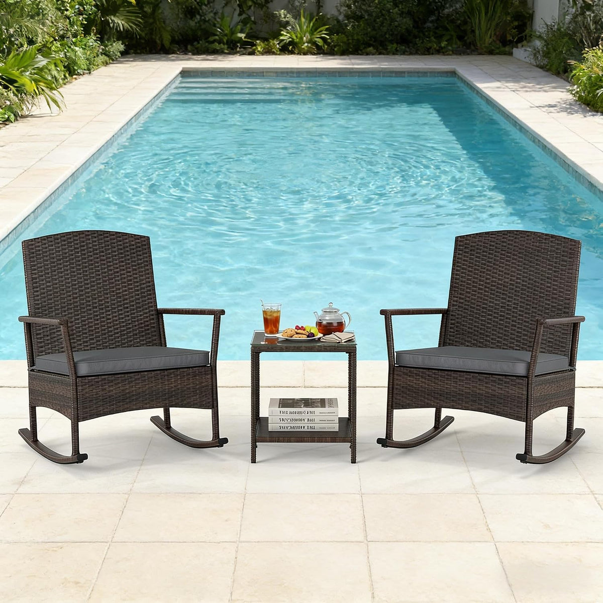 ORALNER 3 Pieces Patio Rocking Chair, Wicker Bistro Set w/Cushions (Gray)