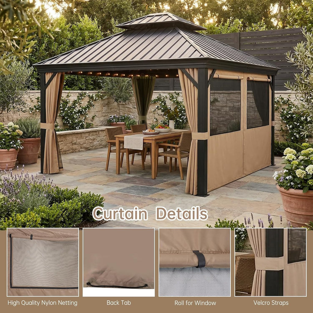10x12 Gazebo Curtains Outdoor Waterproof, 4 Privacy Side Panels(Khaki)