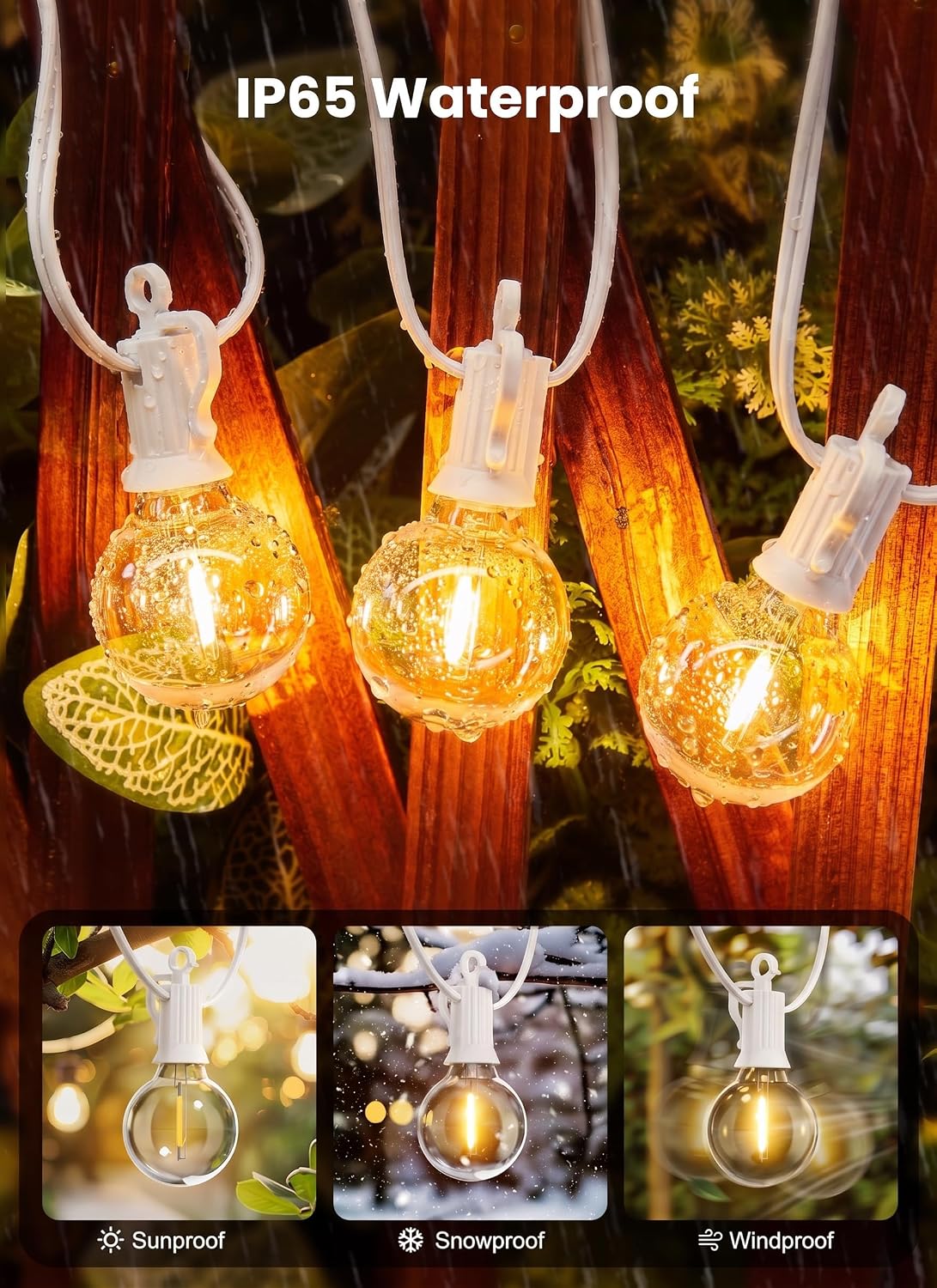 outdoor string lights, 50ft 25 led bulbs ip65, side view